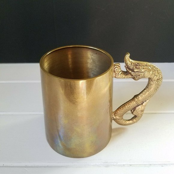 Vintage Brass Beer Tankard Stein Mug with Dragon Serpent Handle - Picture 2 of 9
